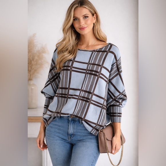Sioni Sweaters - Sioni Light Blue and Brown Plaid Sweatshirt